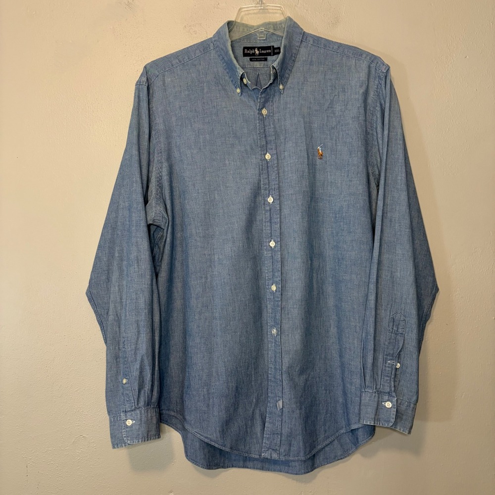 Polo Ralph Lauren XXL Blue Chambray Button Down Shirt Long Sleeve Cotton Pony